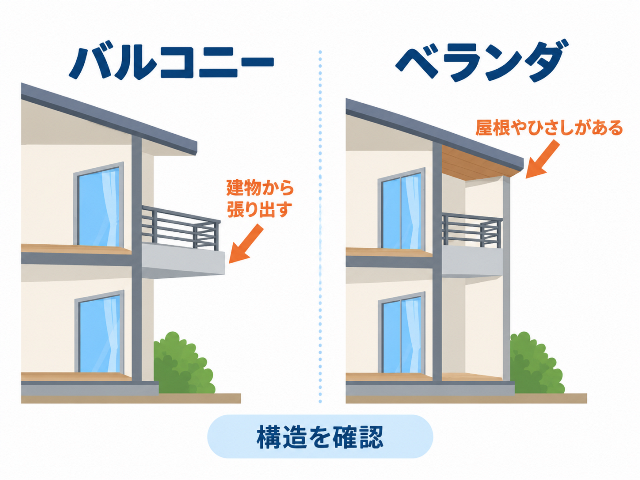 バルコニーとベランダの構造を比較。「建物から張り出す」「屋根やひさしがある」「構造を確認」。AI生成画像