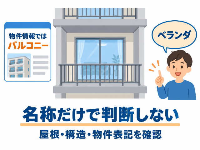 マンションでは同じ屋外空間でも「バルコニー」「ベランダ」と呼ばれる場合がある。「名称だけで判断しない」「屋根・構造・物件表記を確認」。AI生成画像