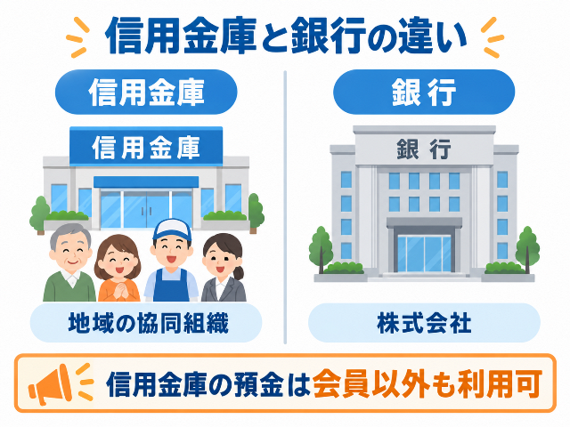 信用金庫は「地域の協同組織」、銀行は「株式会社」と比較。「信用金庫の預金は会員以外も利用可」と示す。AI生成画像