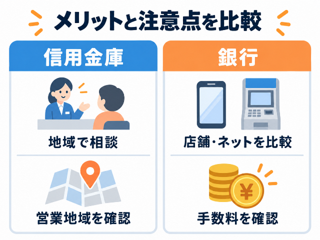「信用金庫」は「地域で相談」「営業地域を確認」、「銀行」は「店舗・ネットを比較」「手数料を確認」と示す。AI生成画像