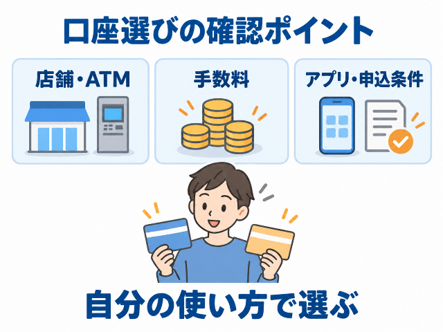 口座選びの「店舗・ATM」「手数料」「アプリ・申込条件」を比較し、「自分の使い方で選ぶ」と示す。AI生成画像
