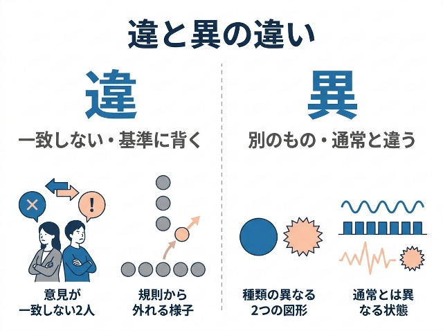 違と異の違いを「一致しない・基準に背く」と「別のもの・通常と違う」で比較。AI生成画像