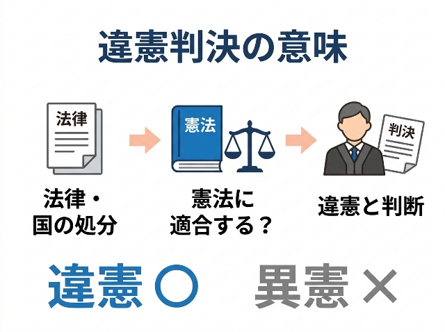 「違憲判決の意味」として、法律・国の処分を憲法と照合し「違憲」と判断する流れ。表記は「違憲 ○」「異憲 ×」。AI生成画像