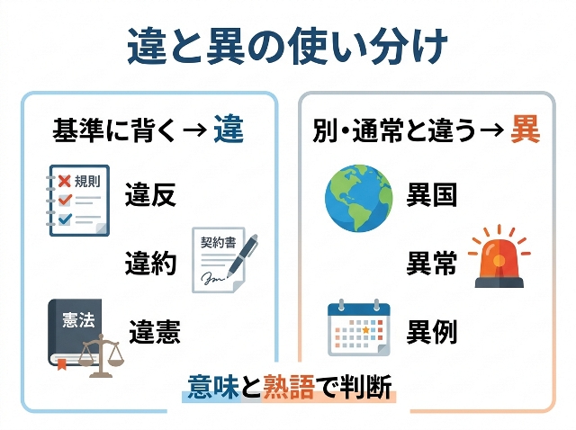 「違と異の使い分け」を、基準に背く「違反・違約・違憲」と、別・通常と違う「異国・異常・異例」で比較。AI生成画像