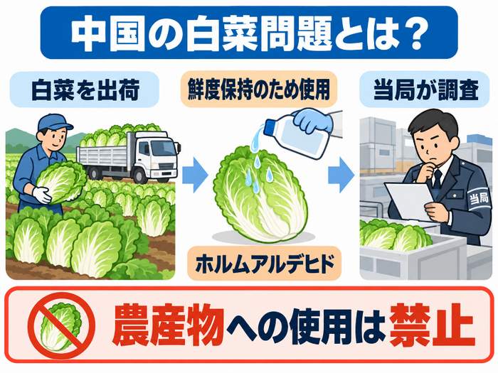 中国の白菜でホルムアルデヒドが鮮度保持に使われ、当局が調査した流れ。「中国の白菜問題とは？」「農産物への使用は禁止」と表示。AI生成画像
