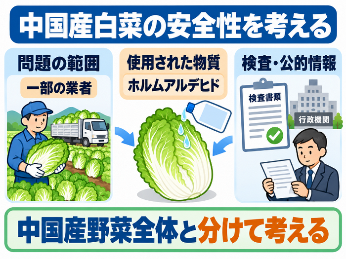 中国産白菜の安全性を「問題の範囲」「使用された物質」「検査・公的情報」で確認。「中国産野菜全体と分けて考える」と表示。AI生成画像