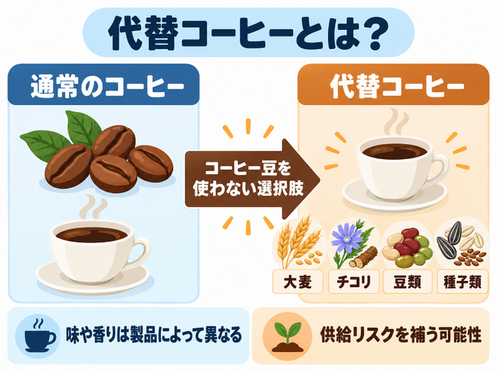 「通常のコーヒー」と「代替コーヒー」を比較し、大麦・チコリ・豆類・種子類などの原料と特徴を示した図解。AI生成画像