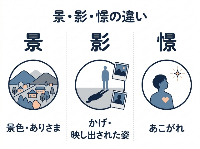 景・影・憬の違いを「景色・ありさま」「かげ・映し出された姿」「あこがれ」で比較。AI生成画像