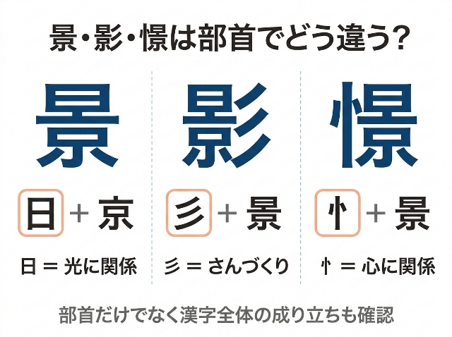 「景は日＋京」「影は彡＋景」「憬は忄＋景」と部首の違いを比較。部首だけでなく漢字全体の成り立ちも確認。AI生成画像