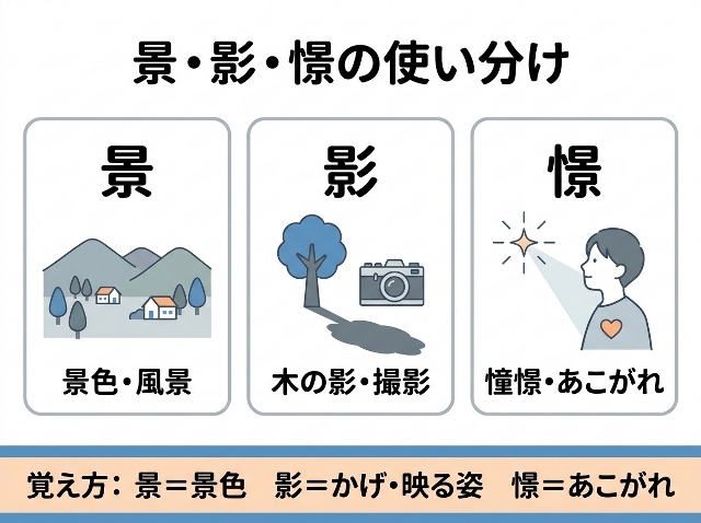 景・影・憬の使い分けを「景色」「かげ・映る姿」「あこがれ」と代表語で整理。AI生成画像
