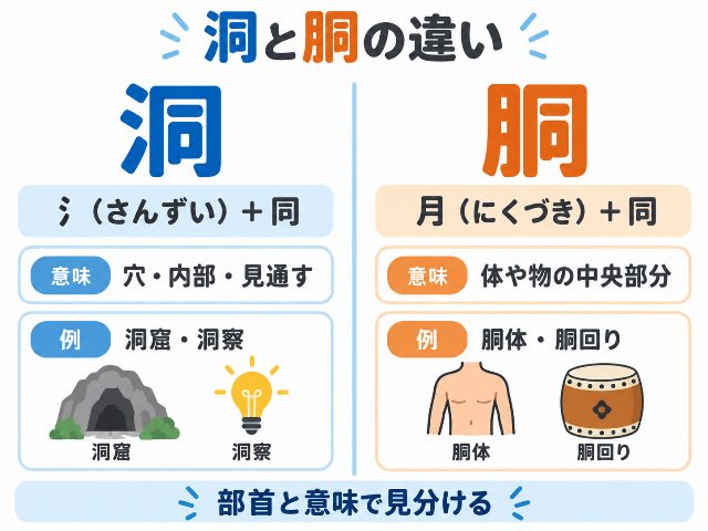 洞と胴の違いとして、「洞＝氵（さんずい）＋同」「胴＝月（にくづき）＋同」、意味と例語を左右で比較した図解。AI生成画像