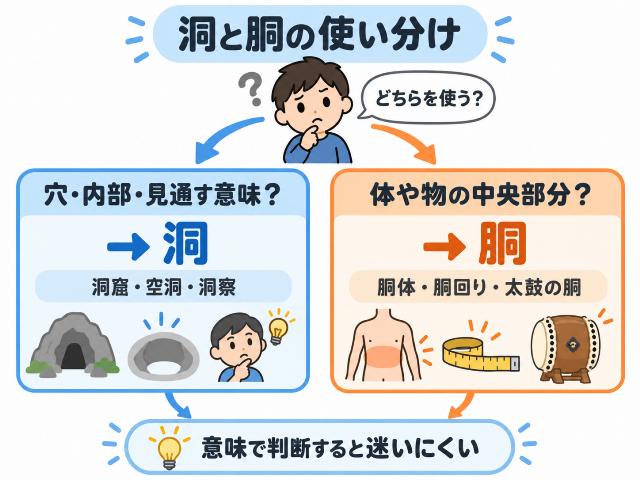 洞と胴の使い分けとして、「穴・内部・見通す意味なら洞」「体や物の中央部分なら胴」と示したフローチャート。AI生成画像