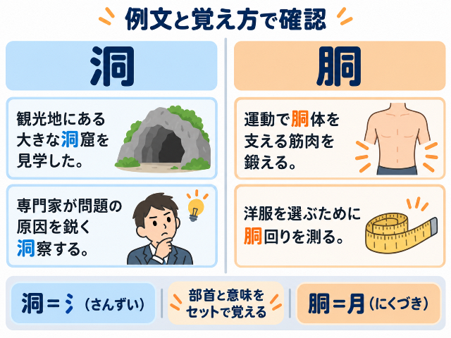 例文と覚え方として、「洞窟・洞察」「胴体・胴回り」の例文と、「洞＝氵」「胴＝月」を示した図解。AI生成画像