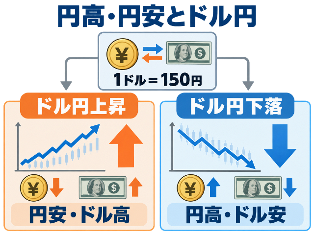 「円高・円安とドル円」「1ドル＝150円」を基準に、ドル円上昇は円安、ドル円下落は円高と示す図解。AI生成画像