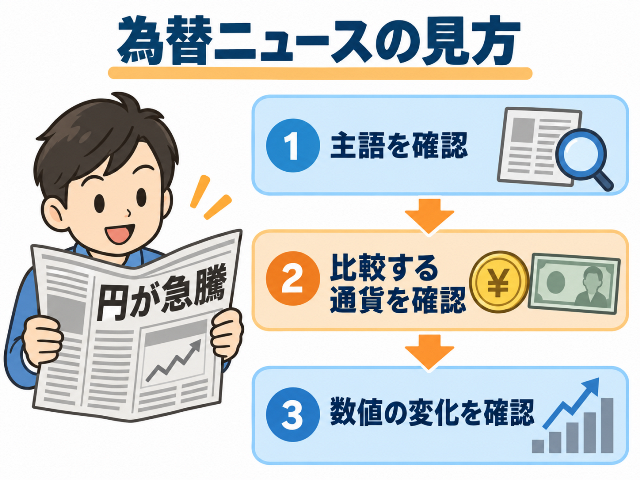 「為替ニュースの見方」として、主語、比較する通貨、数値の変化を確認する3段階の手順を示す図解。AI生成画像