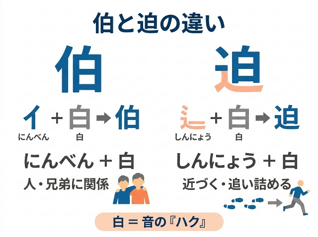 伯は「にんべん＋白」、迫は「しんにょう＋白」、白は音の「ハク」を示す比較。AI生成画像