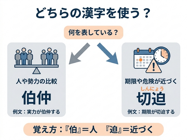 「人や勢力の比較は伯仲」「期限や危険が近づく場合は切迫」と判断する流れ。AI生成画像