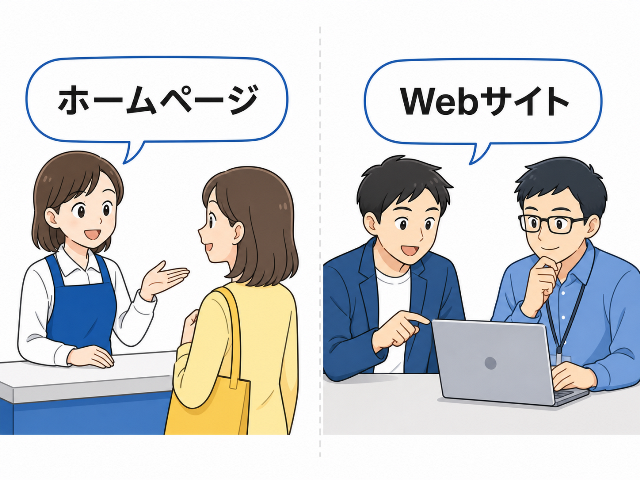 顧客向けには「ホームページ」、制作・IT分野では「Webサイト」と使い分ける場面。AI生成画像