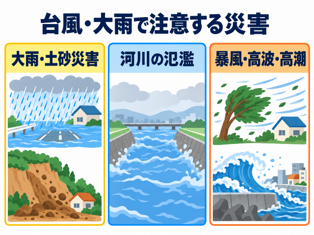 「台風・大雨で注意する災害」として、大雨・土砂災害、河川の氾濫、暴風・高波・高潮を分類（AI生成画像）