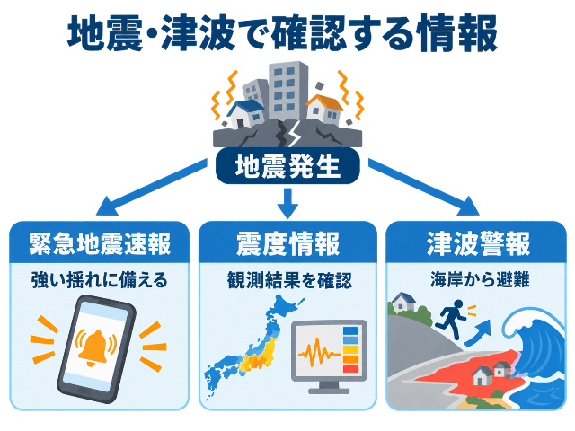「地震・津波で確認する情報」として、緊急地震速報、震度情報、津波警報の役割を表示（AI生成画像）