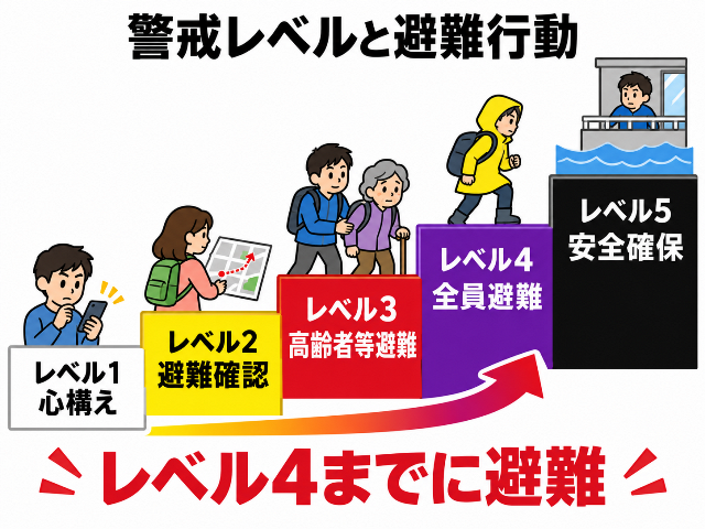 「警戒レベルと避難行動」を1の心構えから5の安全確保まで示し、「レベル4までに避難」と表示（AI生成画像）