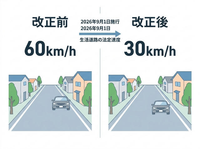 「改正前 60km/h」「改正後 30km/h」と生活道路の法定速度変更を示す比較図。AI生成画像