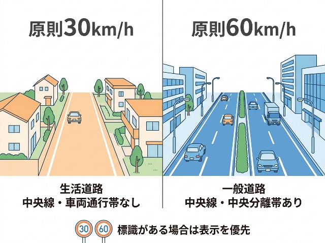 「中央線・車両通行帯なしは原則30km/h」「中央線・中央分離帯ありは原則60km/h」と示す比較図。標識がある場合は表示を優先。AI生成画像