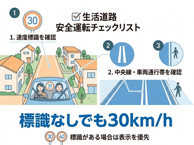 「速度標識を確認」「中央線・車両通行帯を確認」「路側帯と混同しない」の3項目と「標識なしでも30km/h」を示す確認図。AI生成画像