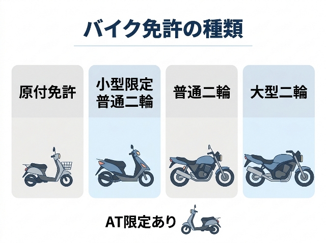 バイク免許の種類として「原付免許・小型限定普通二輪・普通二輪・大型二輪」と「AT限定あり」を整理。AI生成画像