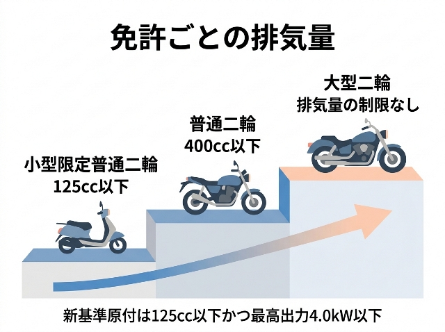 「小型限定普通二輪 125cc以下」「普通二輪 400cc以下」「大型二輪 排気量の制限なし」を比較。AI生成画像