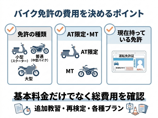 バイク免許の費用を左右する「免許の種類」「AT限定・MT」「現在持っている免許」と「基本料金だけでなく総費用を確認」。AI生成画像