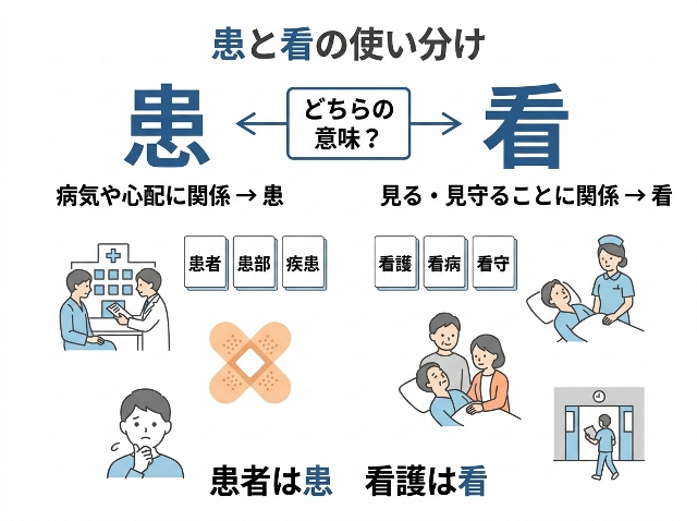 患と看の使い分けを「病気や心配なら患」「見る・見守るなら看」で整理し、「患者は患　看護は看」と示す。AI生成画像