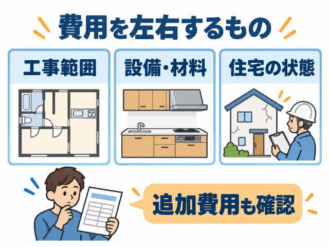 費用を左右する「工事範囲」「設備・材料」「住宅の状態」と、「追加費用も確認」を示す図解。AI生成画像
