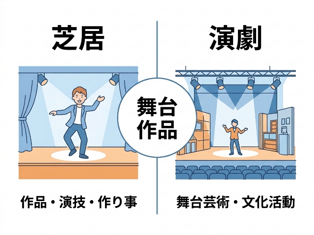 芝居は「作品・演技・作り事」、演劇は「舞台芸術・文化活動」を指し、舞台作品では意味が重なる。AI生成画像