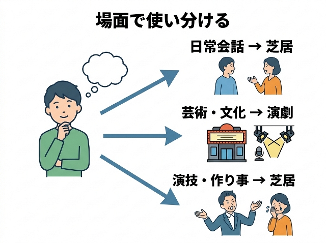「場面で使い分ける」を基準に、日常会話と演技・作り事は芝居、芸術・文化は演劇と示した図解。AI生成画像