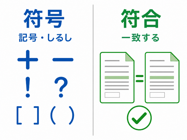 符号「記号・しるし」と符合「一致する」の意味の違いを左右で比較（AI生成画像）