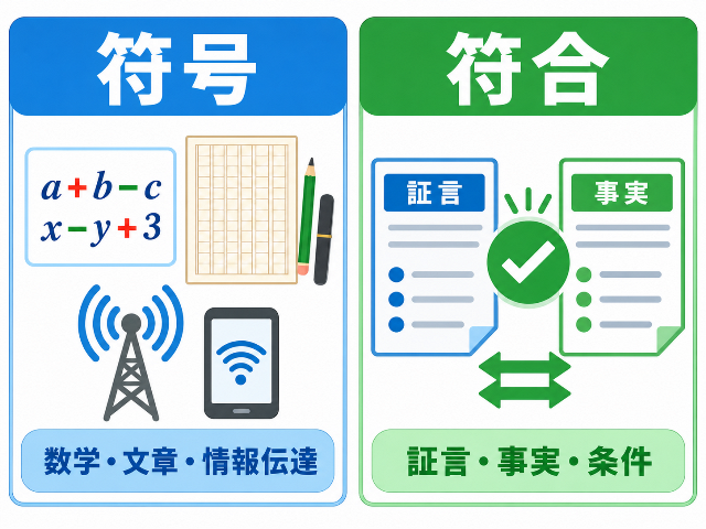符号の使用場面「数学・文章・情報伝達」と符合の使用場面「証言・事実・条件」を比較（AI生成画像）