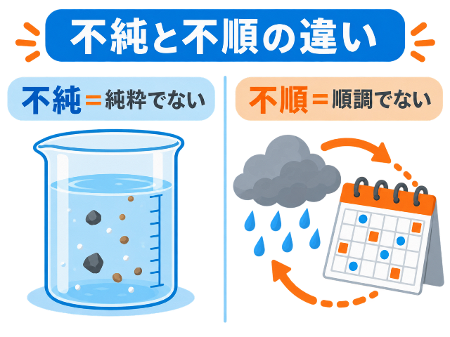 不純と不順の違い。「不純＝純粋でない」「不順＝順調でない」を物質と天候で比較（AI生成画像）