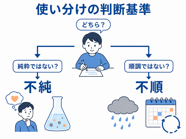 使い分けの判断基準。「純粋ではない？」なら「不純」、「順調ではない？」なら「不順」（AI生成画像）