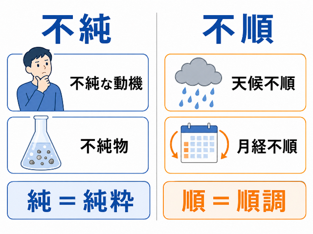 「不純な動機」「不純物」と「天候不順」「月経不順」を「純＝純粋」「順＝順調」で整理（AI生成画像）