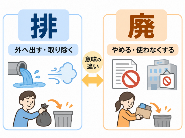 「排=外へ出す・取り除く」「廃=やめる・使わなくする」という意味の違い。AI生成画像