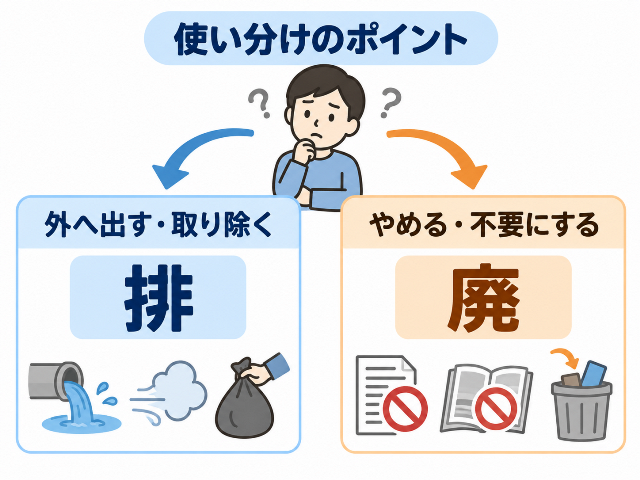 「外へ出す・取り除く→排」「やめる・不要にする→廃」で使い分けるポイント。AI生成画像