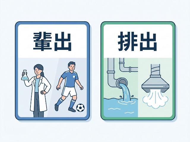 「輩出」と「排出」のカードを人物と物質に分け、漢字の見分け方を示す。AI生成画像