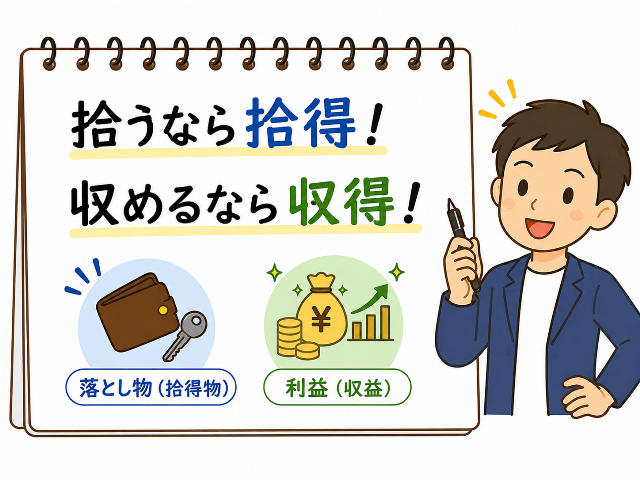 拾うなら拾得！収めるなら収得！の一瞬で覚えられるフレーズと文章作成時の使い分け例（AI生成画像）