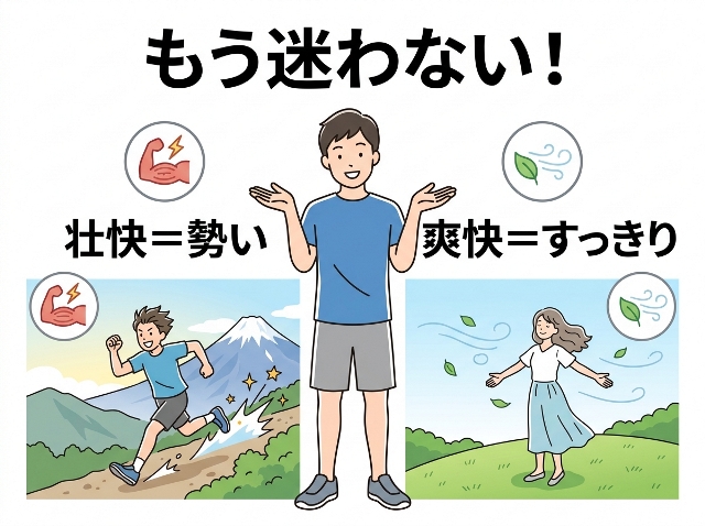壮快と爽快の使い分けの判断基準を示す図。「もう迷わない！」の文字と、勢いとすっきり感の違いを比較するキャラクターが描かれている（AI生成画像）