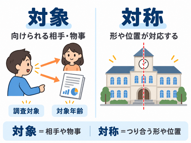 対象は「向けられる相手・物事」、対称は「形や位置が対応する」と違いを比較した図。AI生成画像