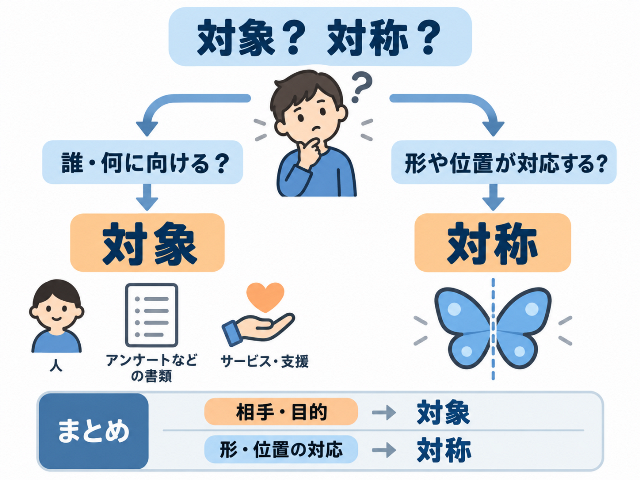 対象と対称の見分け方を「相手・目的→対象」「形・位置の対応→対称」で示した図。AI生成画像