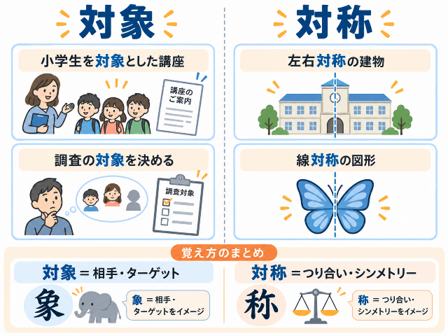 「小学生を対象とした講座」「左右対称の建物」などの例文と、対象・対称の覚え方を示した図。AI生成画像