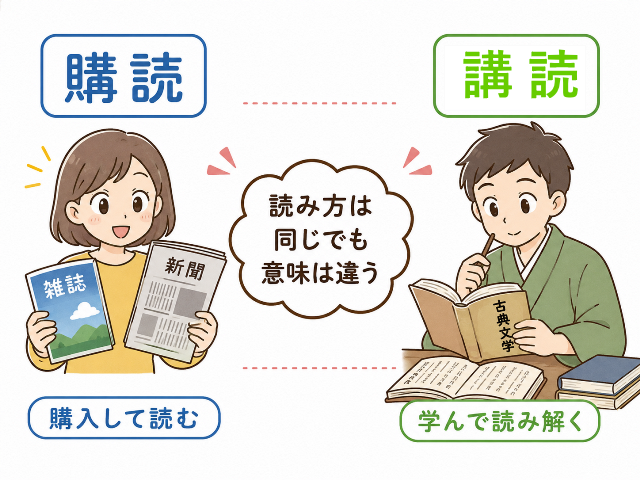 購読は購入して読む、講読は読み解きながら学ぶという違いを示す図解。「読み方は同じでも意味は違う」と表示。AI生成画像