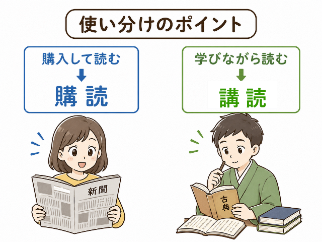 購入して読む場合は購読、学びながら読む場合は講読という使い分けポイントを示す図解。「使い分けのポイント」と表示。AI生成画像